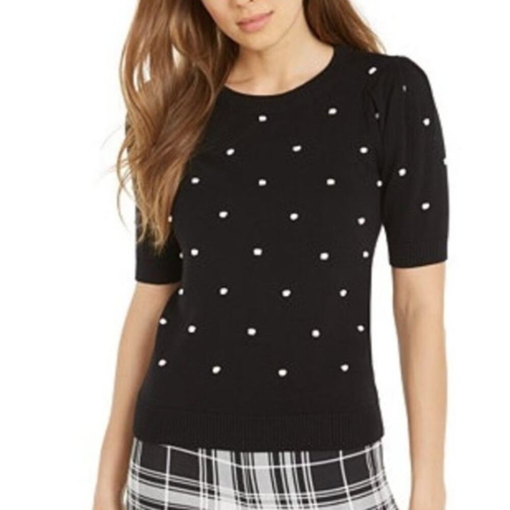 MAISON JULES | Black Puff Short Sleeve Sweater with White Polka Dot Size S